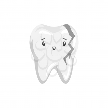 Illustration of sick broken tooth. Children dentistry sad character. Kawaii facial expression.