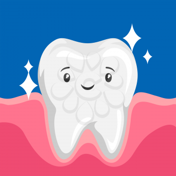 Illustration of smiling clean healthy tooth. Children dentistry happy character. Kawaii facial expression.