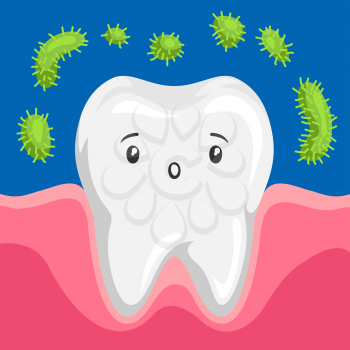 Illustration of tooth with bacteria in mouth. Children dentistry sad character. Kawaii facial expression.