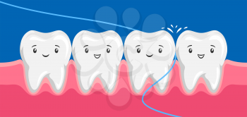 Illustration of smiling are flossing in oral cavity. Children dentistry happy characters. Kawaii facial expressions.