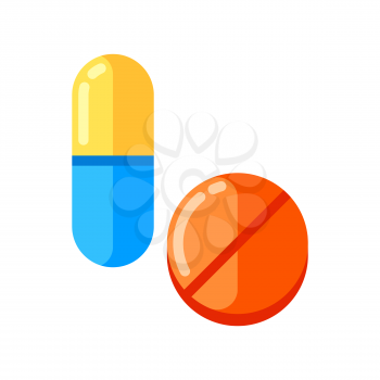 Tablet and capsule in flat style. Medical illustration isolated on white background.