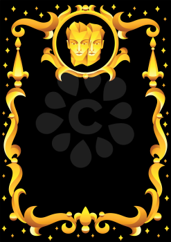 Gemini zodiac sign with golden frame. Horoscope symbol. Stylized astrological illustration.