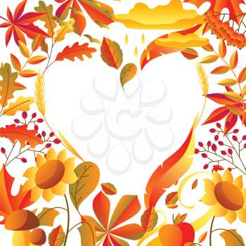 Background with stylized autumn items. Falling leaves, berries and plants.