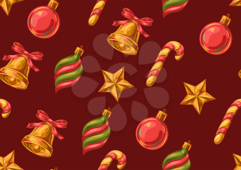 Seamless pattern with christmas decorations. Stylized hand drawn background in retro style.