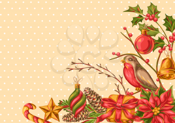 Merry Christmas invitation or greeting card. Holiday illustration in vintage style.