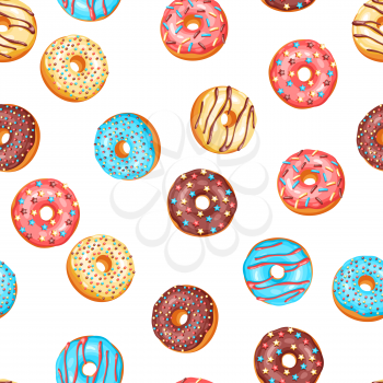 Seamless pattern with glaze donuts and sprinkles. Background of various colored sweet pastries.