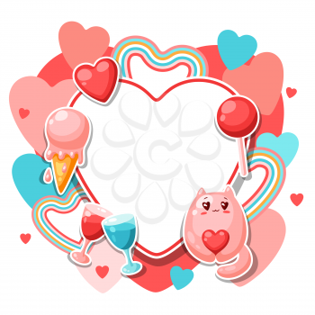 Happy Valentine Day frame. Kawaii illustration with love symbols.