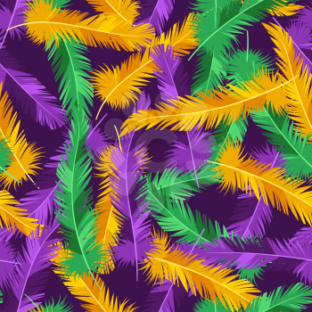 Seamless pattern with feathers in Mardi Gras colors. Carnival background for traditional holiday or festival.