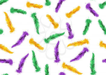Seamless pattern with feathers in Mardi Gras colors. Carnival background for traditional holiday or festival.