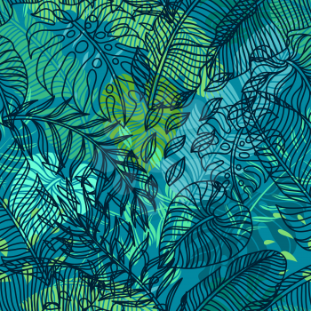 Seamless pattern with palm leaves. Decorative image of tropical foliage and plants.