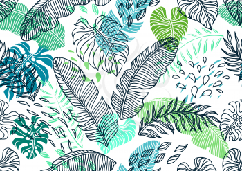 Seamless pattern with palm leaves. Decorative image of tropical foliage and plants.