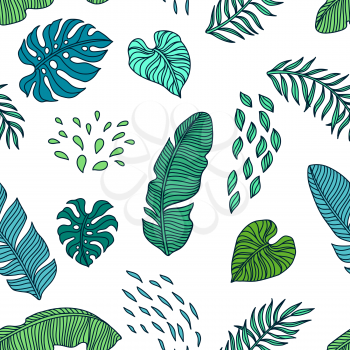 Seamless pattern with palm leaves. Decorative image of tropical foliage and plants.