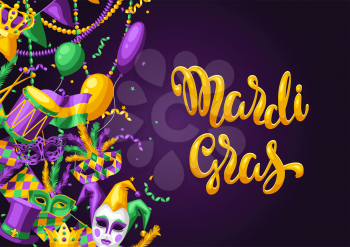 Mardi Gras party greeting or invitation card. Carnival background for traditional holiday or festival.