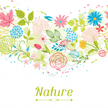 Seamless pattern with spring flowers. Beautiful decorative natural plants, buds and leaves.