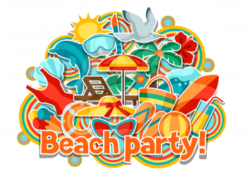Print with summer and beach objects. Illustration of stylized items.