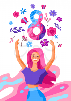 Greeting card for International Womens Day celebration. 8th March background with girl and flowers in trendy style.