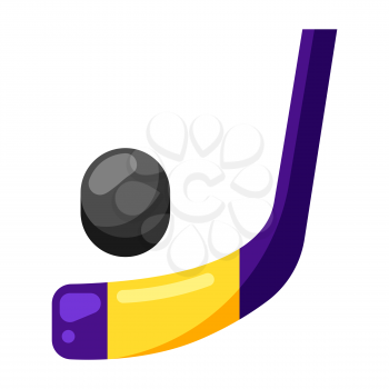 Icon of ice hockey stick and puck in flat style. Stylized sport equipment illustration.