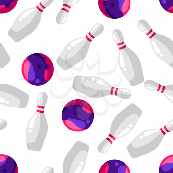 Seamless pattern with skittles and bowling balls in flat style. Stylized sport equipment background.