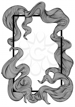 Frame with wave line curls. Monochrome stripes black and white texture. Wavy abstract fur or hair.