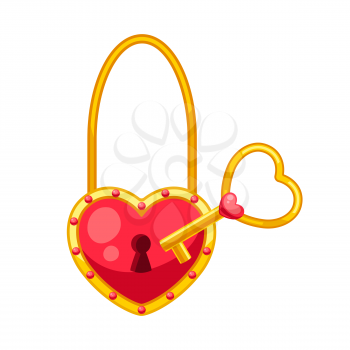 Valentines Day heart shaped lock with key. Illustrations in cartoon style.