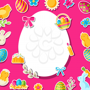 Happy Easter greeting card with holiday stickers. Decorative symbols and objects, eggs, bunnies.