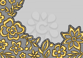 Lace background with gold flowers. Vintage golden embroidery on lacy texture grid.