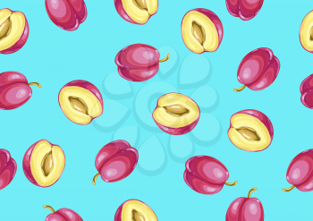 Seamless pattern with plums and slices. Summer fruit decorative illustration.