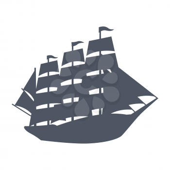 Illustration of sailing vessel silhouette. Nautical symbol icon. Marine retro decorative item.