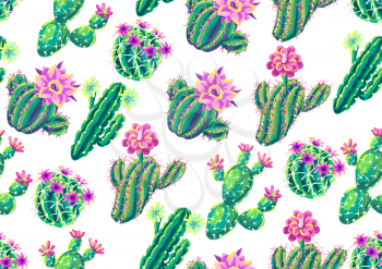 Seamless pattern with cacti and flowers. Decorative spiky flowering cactuses in hand drawn style.