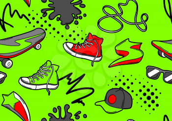 Seamless pattern with cartoon sneakers, skateboard and baseball cap. Urban colorful teenage creative background. Fashion symbols in modern comic style.
