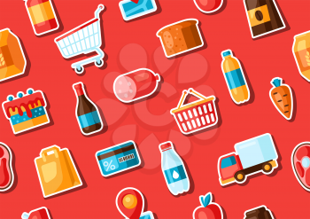 Supermarket seamless pattern with food stickers. Grocery illustration in flat style.
