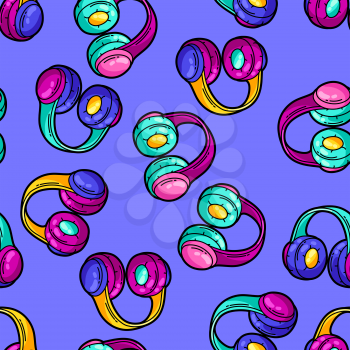 Seamless pattern with cartoon musical headphones. Music party colorful teenage creative illustration. Fashion symbol in modern comic style.
