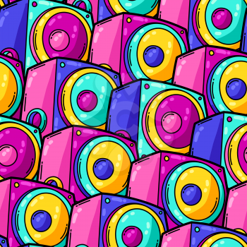 Seamless pattern with cartoon musical subwoofers. Music party colorful teenage creative illustration. Fashion symbol in modern comic style.