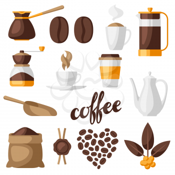 Set of coffee icons. Food illustration with beverage items. Design for coffee shop, bar and cafe.