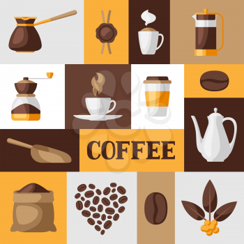 Background with coffee icons. Food illustration of beverage items. Design for coffee shop, bar and cafe.