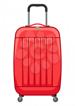 Illustration of travel plastic suitcase with wheels. Icon or image for tourism and shops.