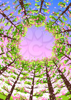 Spring forest background with stylized trees. Seasonal illustration.