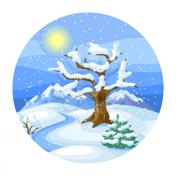 Winter landscape with trees, mountains and hills. Seasonal nature illustration.