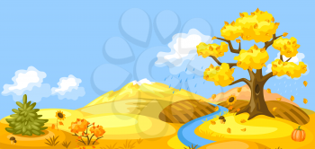 Autumn landscape with trees, mountains and hills. Seasonal nature illustration.