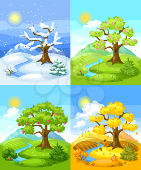 Four seasons landscape. Natural illustration with trees, mountains and hills in winter, spring, summer, autumn.