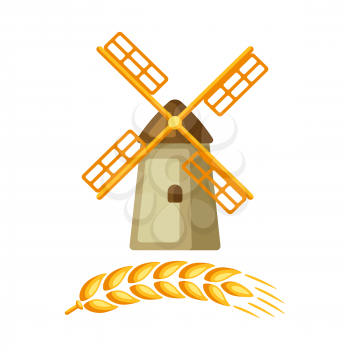 Illustration of grain mill with ripe wheat ear. Agricultural emblem.