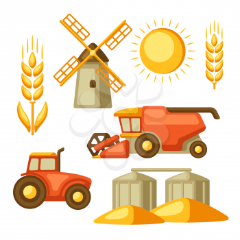 Agricultural set of harvesting items. Combine harvester, tractor and granary.