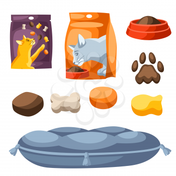 Set of various cat items. Illustration of food and couch.