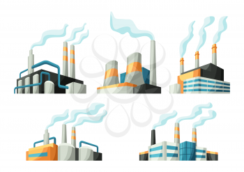 Set of factories or industrial buildings. Urban manufactory landscape of constructions.
