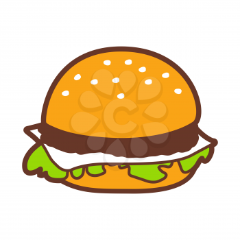 Illustration of fast food hamburger. Tasty fastfood lunch product icon.