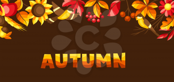 Autumn background with seasonal leaves and items. Illustration of foliage and flowers.