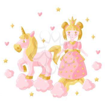Illustration of little princess and unicorn. Stylized picture for decoration children holiday and party.