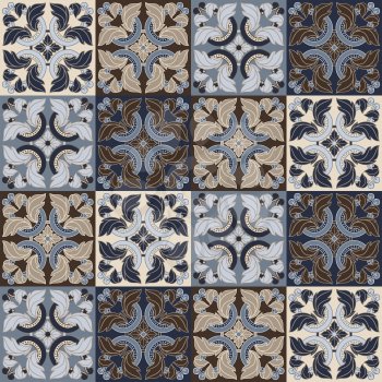 Portuguese azulejo ceramic tile seamless pattern. Mediterranean traditional ornament. Italian pottery or spanish majolica. Baroque damask background with vintage scroll leaves.