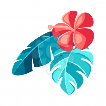 Illustration of hibiscus flower and palm leaves. Tropical floral decorative element.