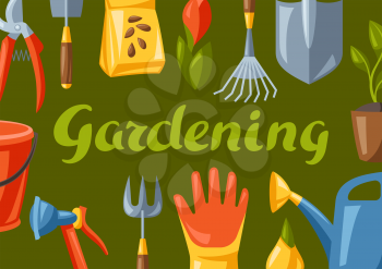 Background with garden tools and equipment. Season gardening illustration.